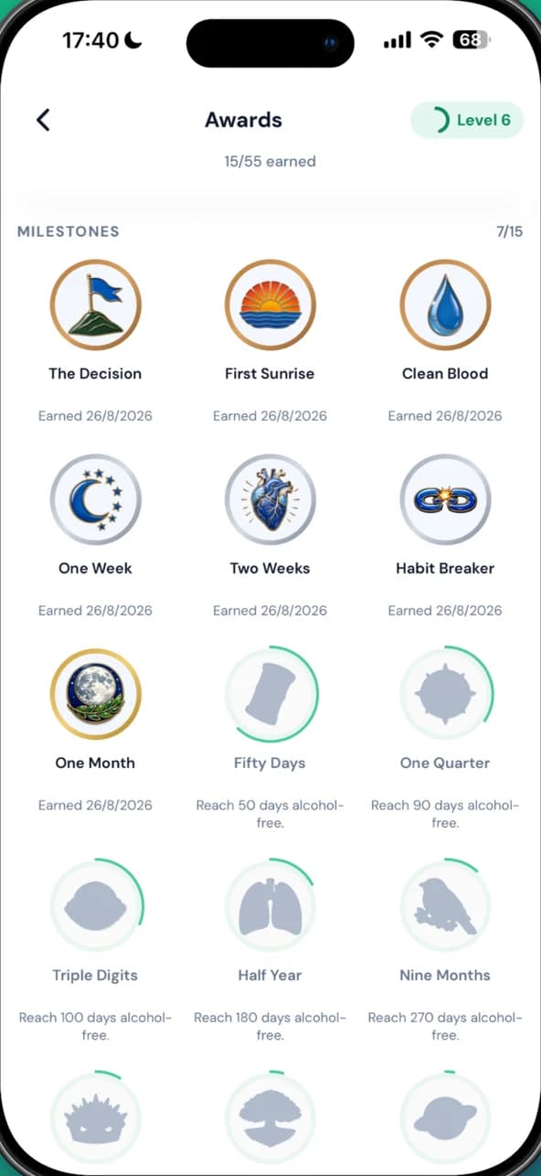 Awards screen with milestone badges
