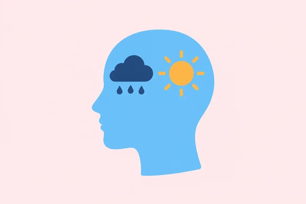 A head with a rain cloud and a sun inside it