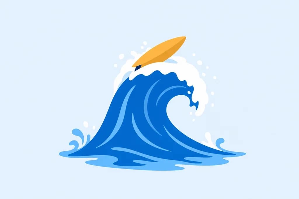 A wave curling over with a surfboard on top