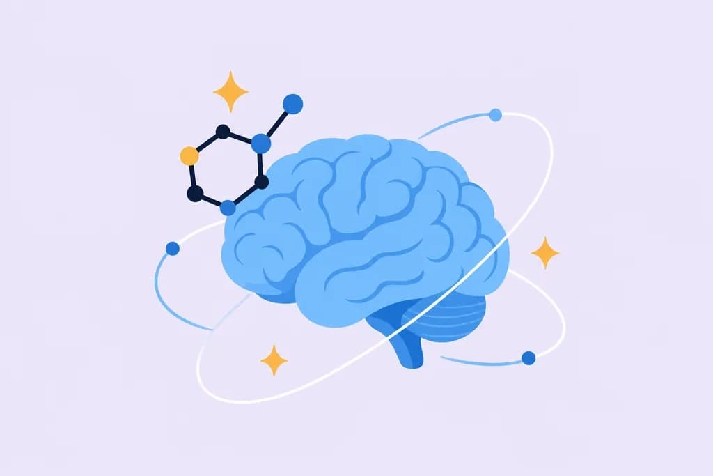 An illustrated brain with a molecule beside it